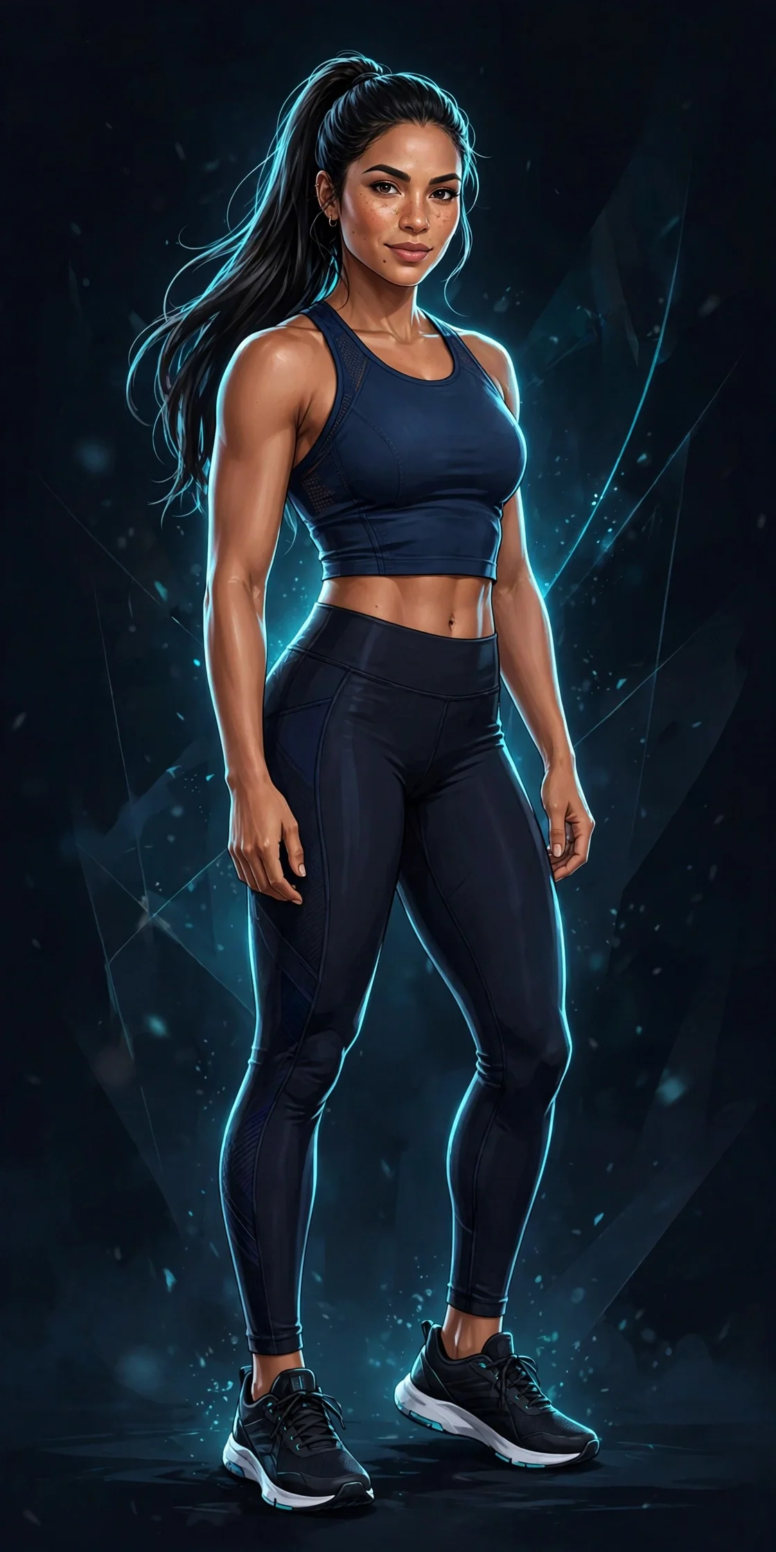 Illustrated athletic Latina woman in navy training gear